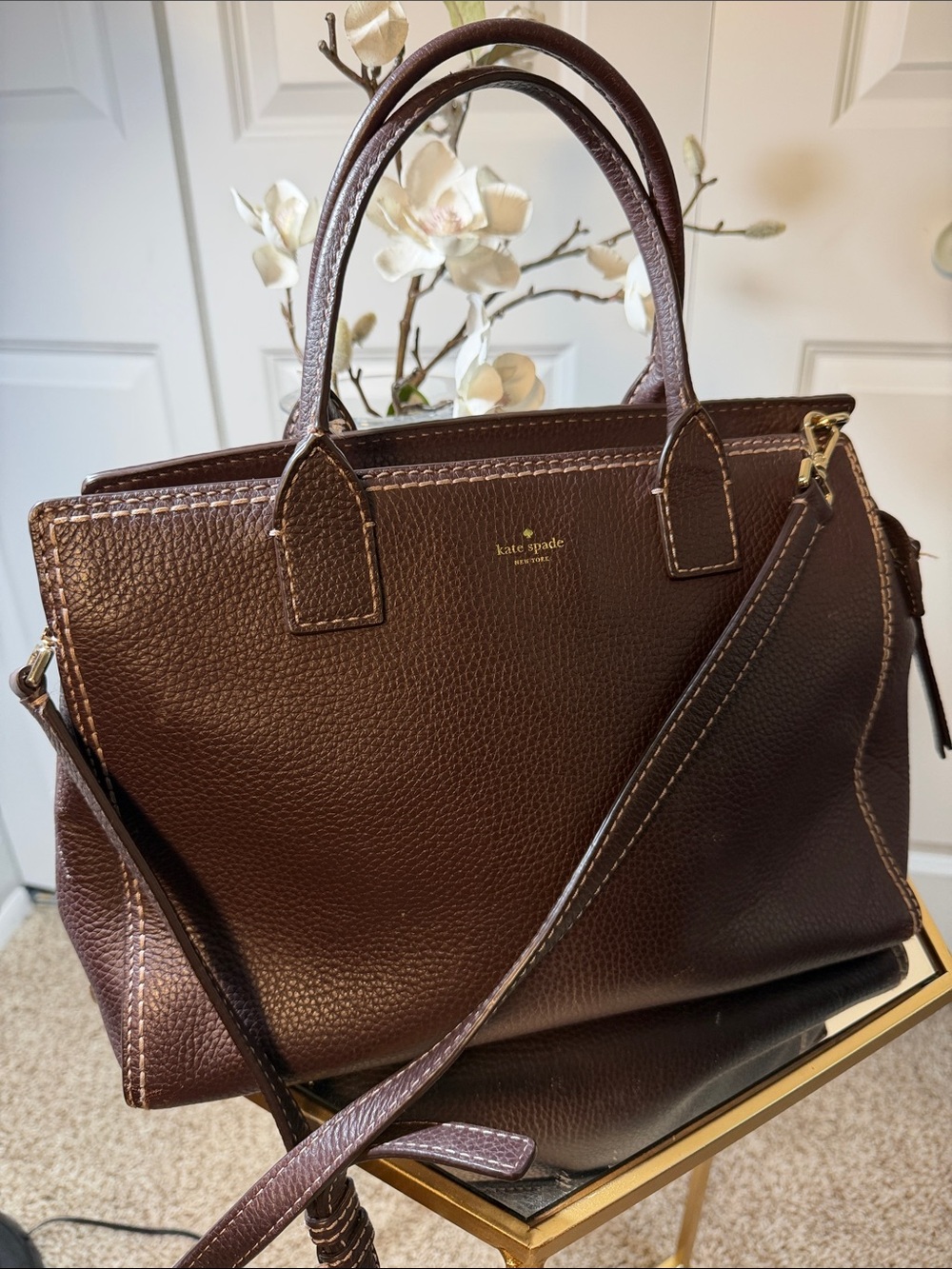 kate spade Dark Brown Pebbled Leather Satchel with Adjustable Strap